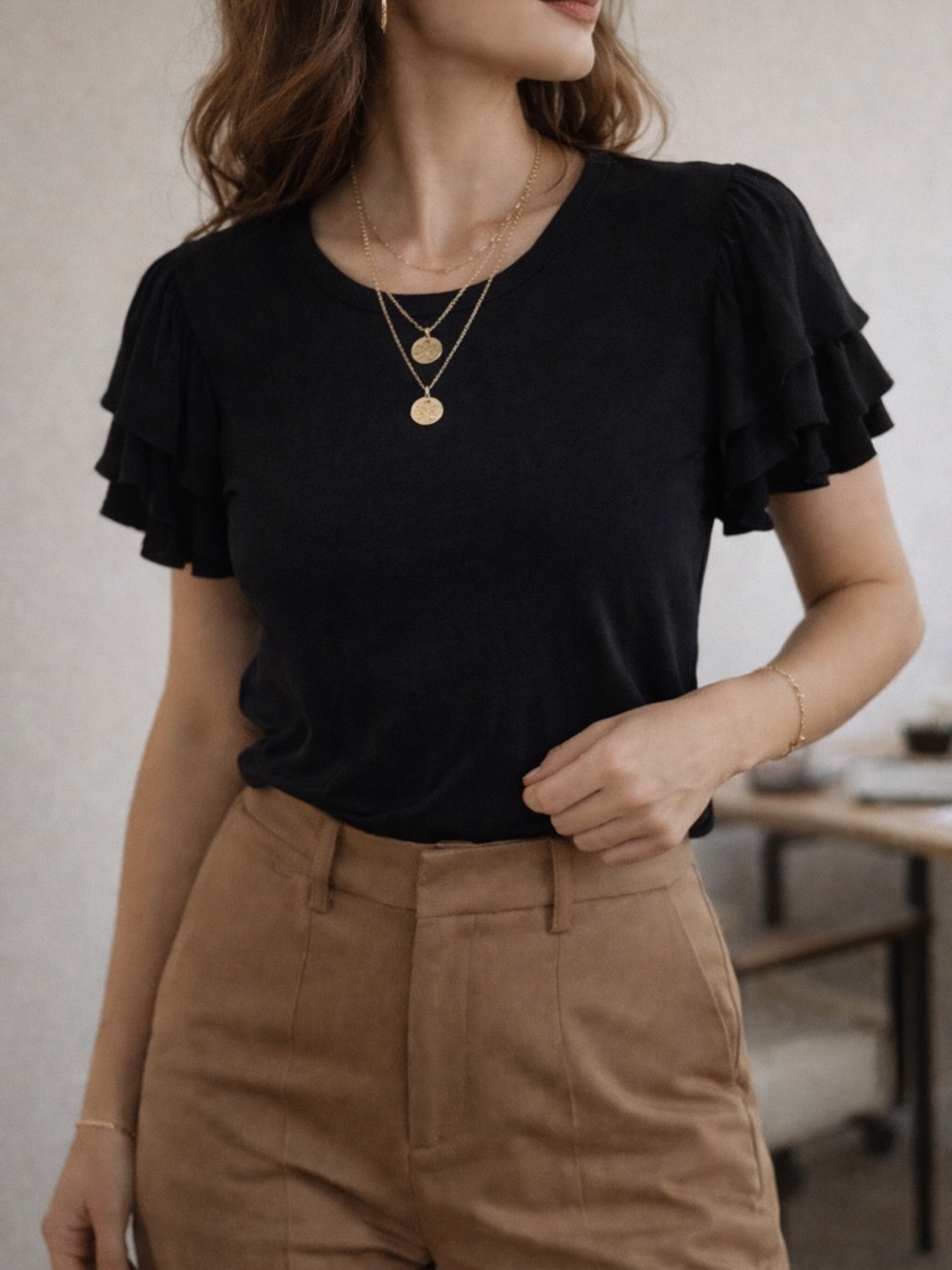 Dylan DR Ryan Ruffle Sleeve Ribbed Top Black Size L